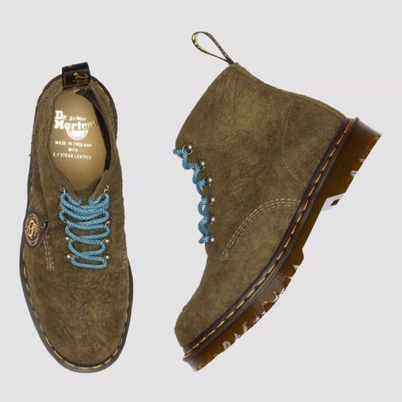 101 Made in England Hardware Suede Ankle Boots in Olive | Dr  Dr. Martens Olive Ankle Boots with Blue Laces